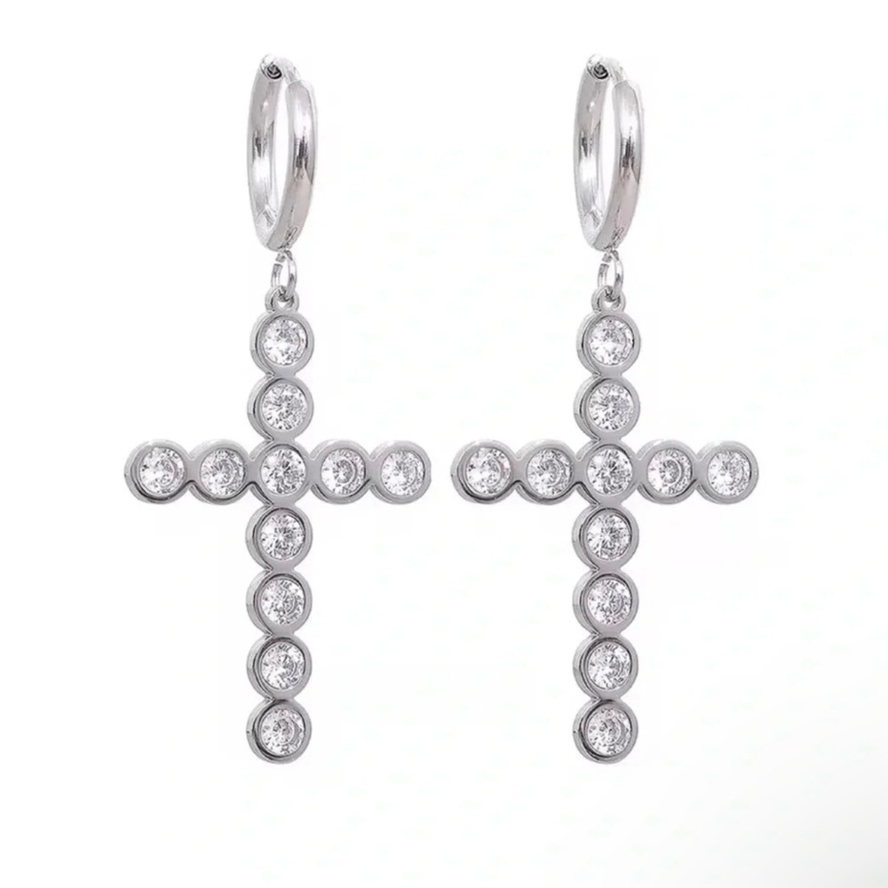 Anthropologie Cross Stainless Steel Crystal Waterproof Earrings